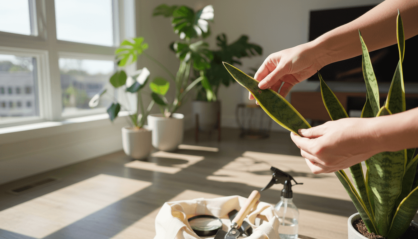 Hands inspecting snake plant leaf for pests with toolkit on the floor, highlighting plant care