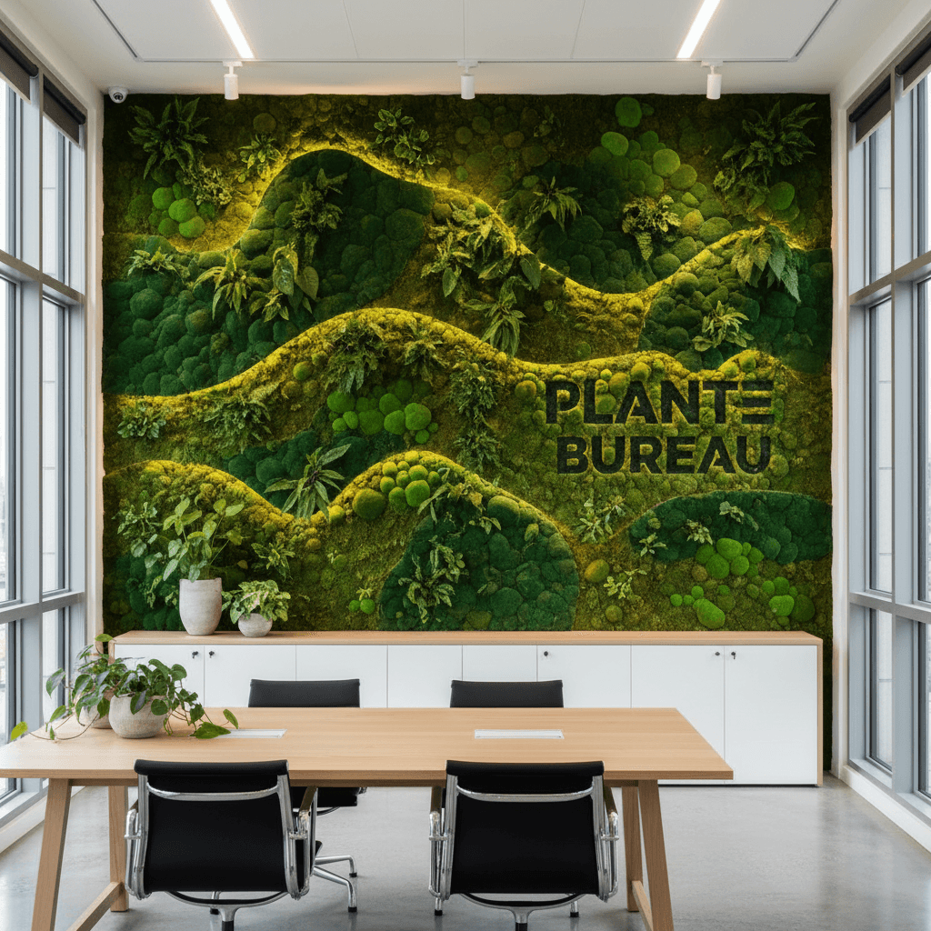 Lush moss wall in a modern office, enhancing the space with greenery and tranquility.