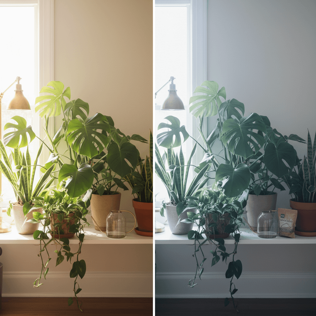 Plant space showing seasonal changes and care adjustments