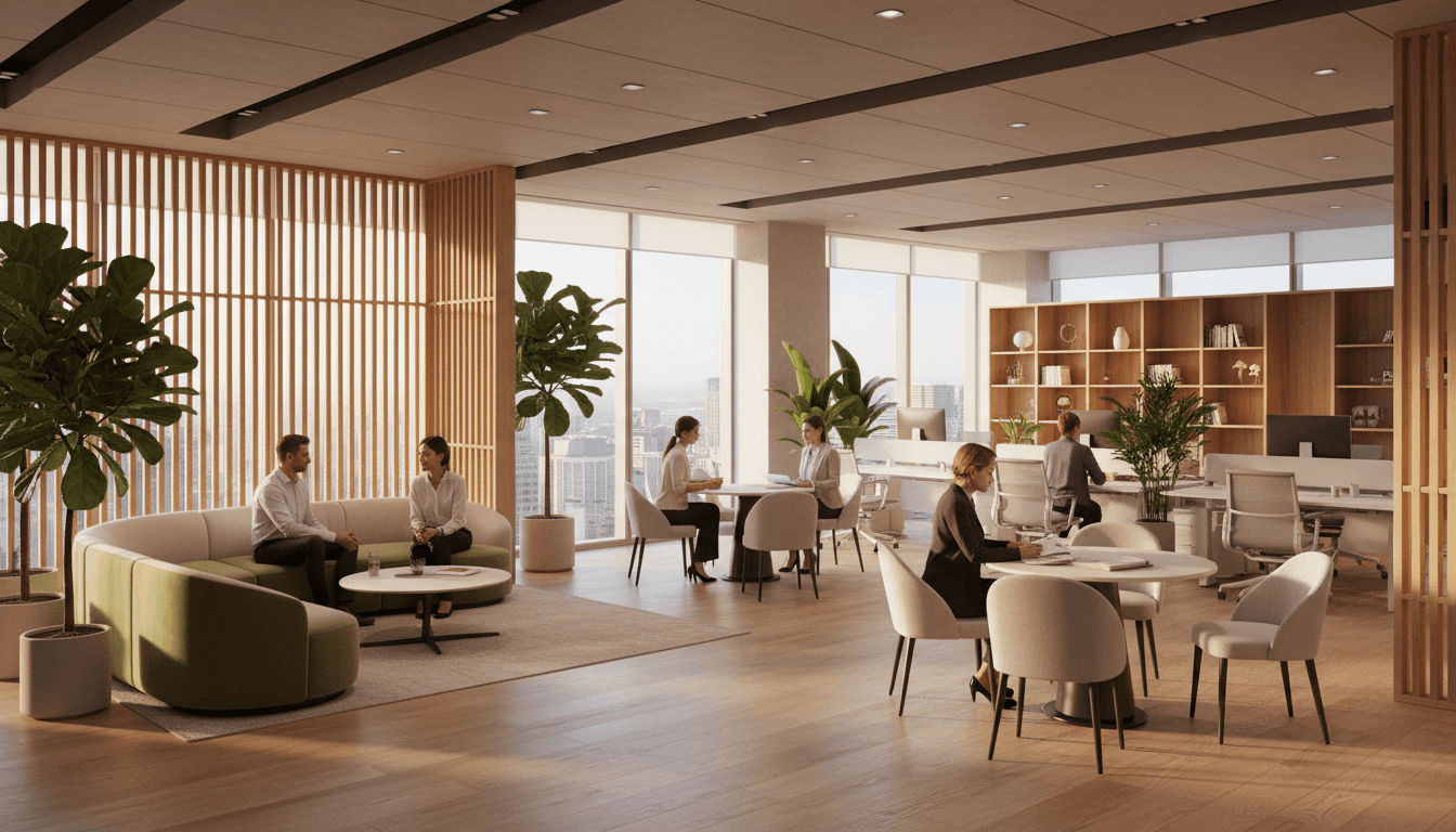 Modern open office interior with diverse professionals working, natural lighting, comfortable seating areas, and contemporary furnishings throughout